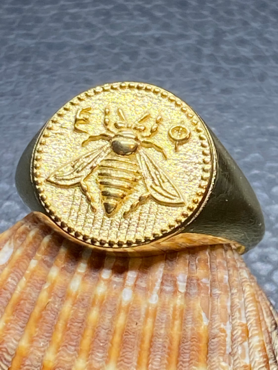 Ancient Greek Sacred Bee Goddess Artemis Medallion Coin Ring silver bee ring, bumble bee, honey bee signet ring made of sterling silver