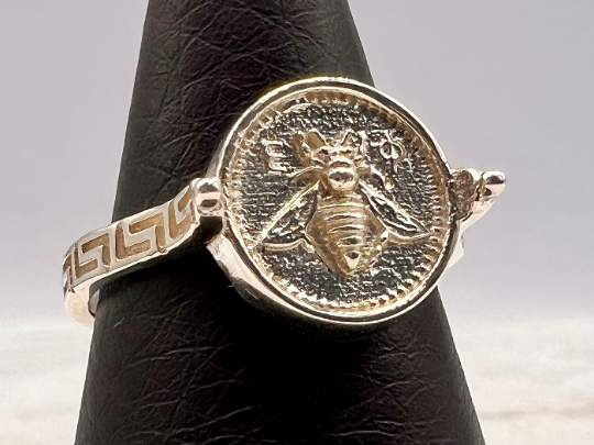 Greek Sacred Bee Artemis Goddess Medallion Coin Ring , Sterling silver bee ring bumble bee, honey bee signet ring MEANDROS
