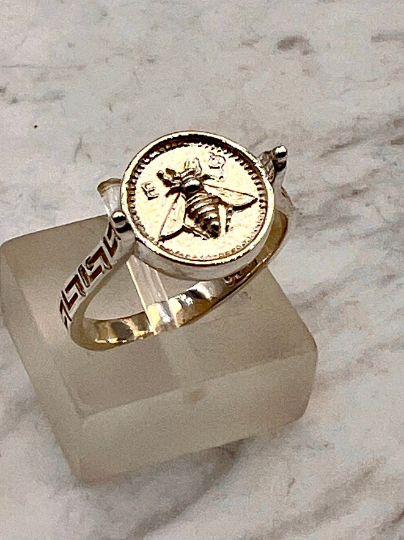 Greek Sacred Bee Artemis Goddess Medallion Coin Ring , Sterling silver bee ring bumble bee, honey bee signet ring MEANDROS