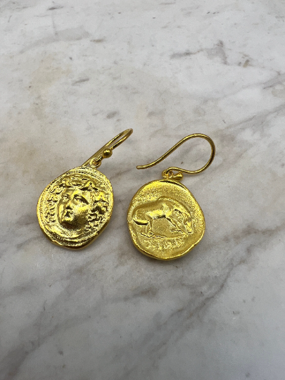 Medusa Gorgon protective ancient Greek coin earring Sterling Silver gold plated