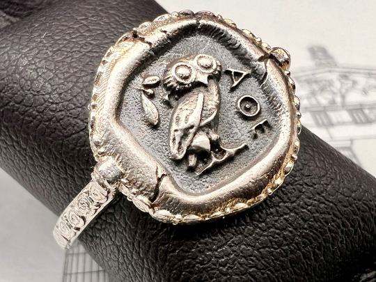 Bague pièce de monnaie grecque antique la chouette de la déesse Athéna Nike Minerva argent sterling 925