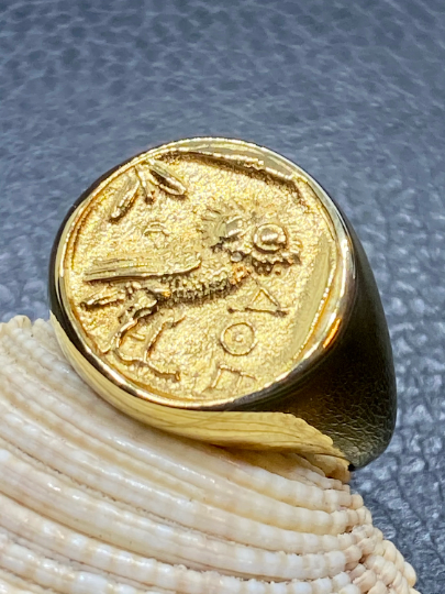 Athena owl Signet ring ancient Greek coin copy Sterling Silver gold plated