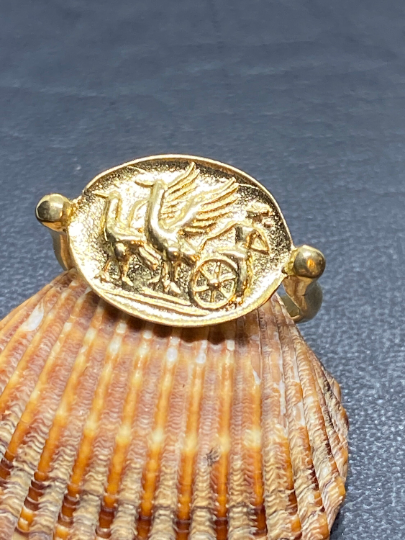 Chariot drawn by griffins Greek Coin jewelry Ring Gold handmade copy mythology jewelry