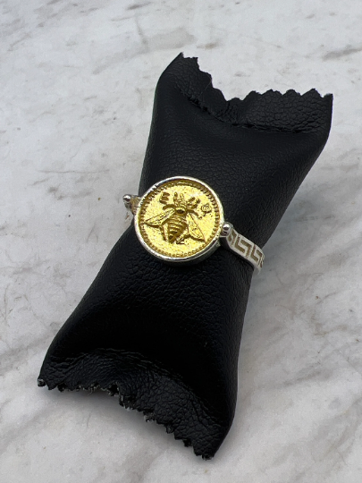 Grec abeille sacrée Artemis déesse médaillon pièce de monnaie bague, bague en argent sterling abeille bumble bee, chevalière abeille miel MEANDROS