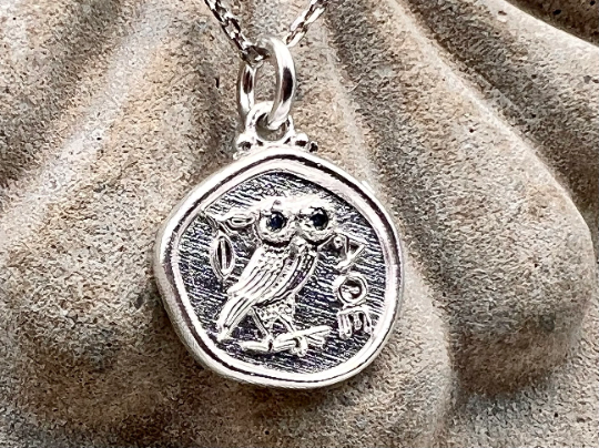 Owl of Athena Pendant, Aquamarine  Silver Owl Necklace, Athena Necklace, Replica Ancient Greek Coin Necklace, Gift for Her, Greek Mythology