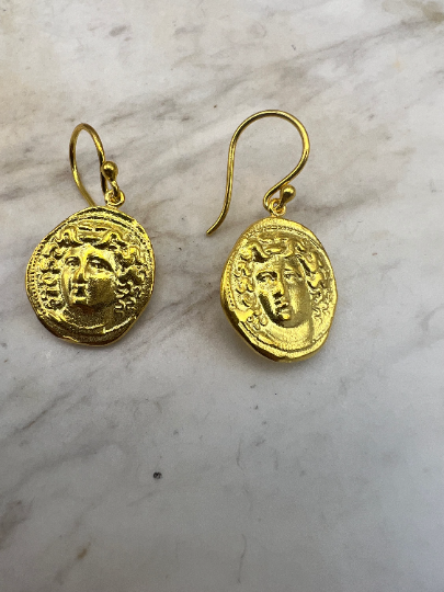 Medusa Gorgon protective ancient Greek coin earring Sterling Silver gold plated