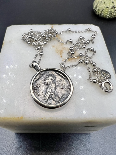 Owl of Athena goddess coin pendant Sterling Silver