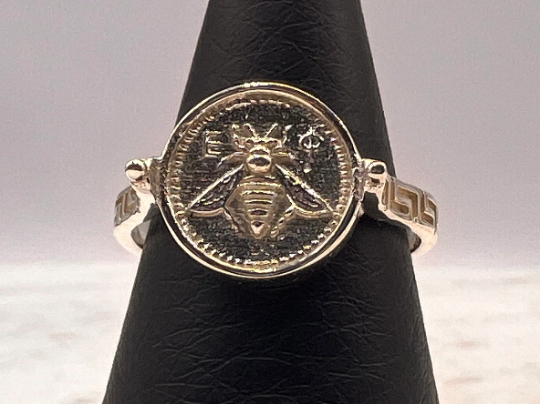 Greek Sacred Bee Artemis Goddess Medallion Coin Ring , Sterling silver bee ring bumble bee, honey bee signet ring MEANDROS