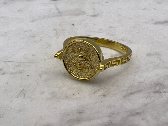 Grec abeille sacrée Artemis déesse médaillon pièce de monnaie bague, bague en argent sterling abeille bumble bee, chevalière abeille miel MEANDROS