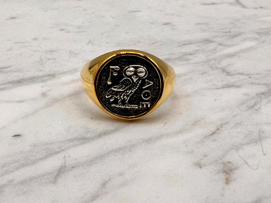 Athena owl Signet ring ancient Greek coin copy  silver gold