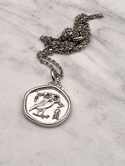 Owl of Athena Pendant, Aquamarine  Silver Owl Necklace, Athena Necklace, Replica Ancient Greek Coin Necklace, Gift for Her, Greek Mythology