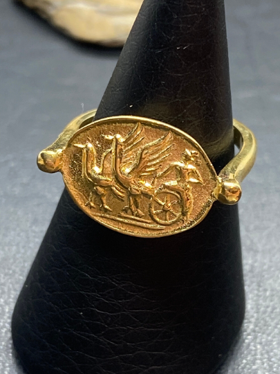 Chariot drawn by griffins Greek Coin jewelry Ring Gold handmade copy mythology jewelry