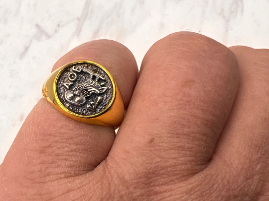 Athena owl Signet ring ancient Greek coin copy  silver gold