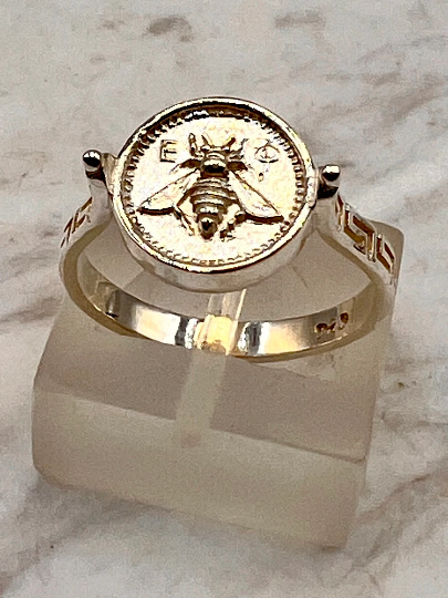 Greek Sacred Bee Artemis Goddess Medallion Coin Ring , Sterling silver bee ring bumble bee, honey bee signet ring MEANDROS