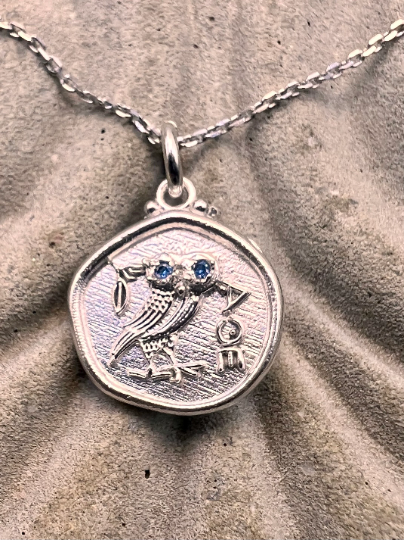 Owl of Athena Pendant, Aquamarine  Silver Owl Necklace, Athena Necklace, Replica Ancient Greek Coin Necklace, Gift for Her, Greek Mythology