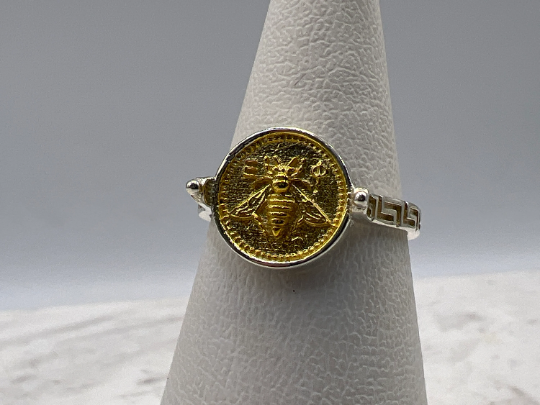 Grec abeille sacrée Artemis déesse médaillon pièce de monnaie bague, bague en argent sterling abeille bumble bee, chevalière abeille miel MEANDROS