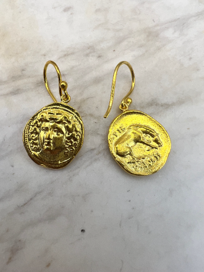 Medusa Gorgon protective ancient Greek coin earring Sterling Silver gold plated