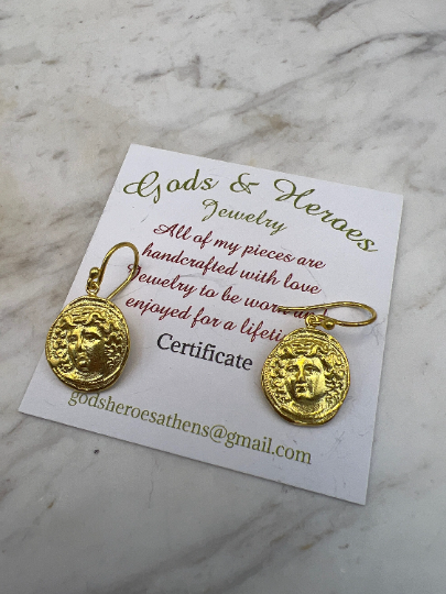 Medusa Gorgon protective ancient Greek coin earring Sterling Silver gold plated