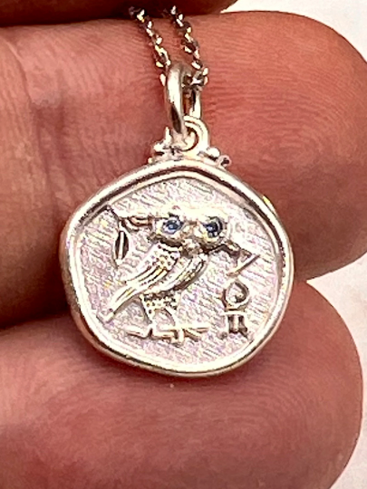 Owl of Athena Pendant, Aquamarine  Silver Owl Necklace, Athena Necklace, Replica Ancient Greek Coin Necklace, Gift for Her, Greek Mythology
