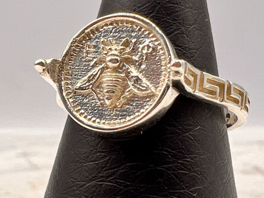 Greek Sacred Bee Artemis Goddess Medallion Coin Ring , Sterling silver bee ring bumble bee, honey bee signet ring MEANDROS