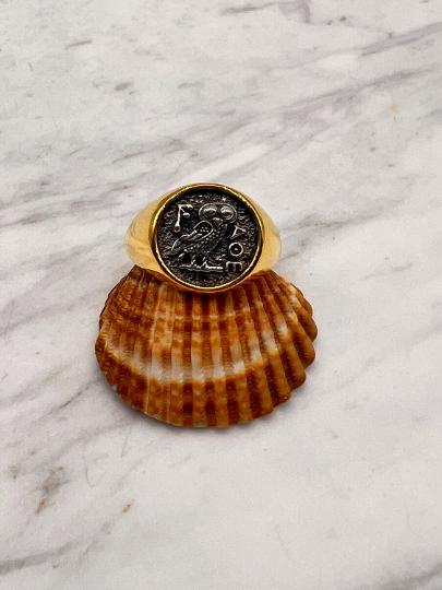 Athena owl Signet ring ancient Greek coin copy  silver gold