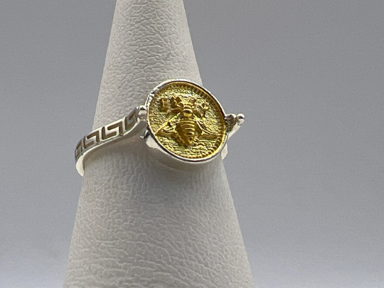 Grec abeille sacrée Artemis déesse médaillon pièce de monnaie bague, bague en argent sterling abeille bumble bee, chevalière abeille miel MEANDROS
