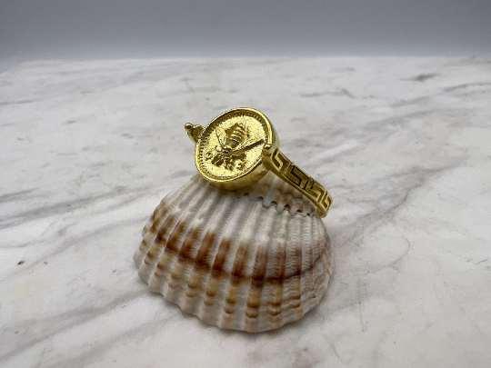 Grec abeille sacrée Artemis déesse médaillon pièce de monnaie bague, bague en argent sterling abeille bumble bee, chevalière abeille miel MEANDROS
