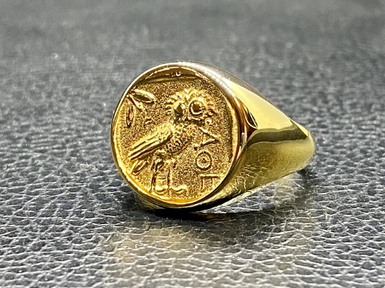 Athena owl Signet ring ancient Greek coin copy Sterling Silver gold plated