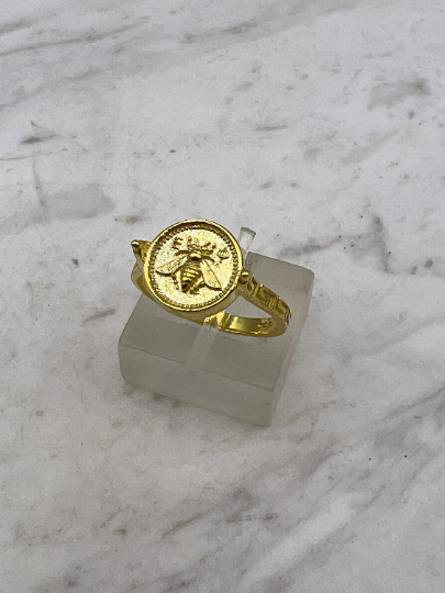 Grec abeille sacrée Artemis déesse médaillon pièce de monnaie bague, bague en argent sterling abeille bumble bee, chevalière abeille miel MEANDROS
