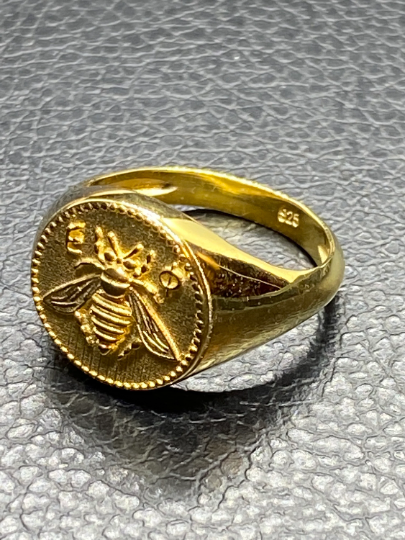 Ancient Greek Sacred Bee Goddess Artemis Medallion Coin Ring silver bee ring, bumble bee, honey bee signet ring made of sterling silver