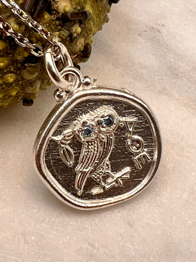 Owl of Athena Pendant, Aquamarine  Silver Owl Necklace, Athena Necklace, Replica Ancient Greek Coin Necklace, Gift for Her, Greek Mythology