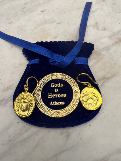 Medusa Gorgon protective ancient Greek coin earring Sterling Silver gold plated