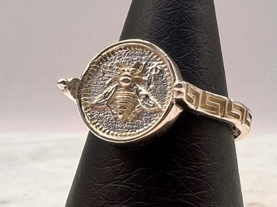 Greek Sacred Bee Artemis Goddess Medallion Coin Ring , Sterling silver bee ring bumble bee, honey bee signet ring MEANDROS