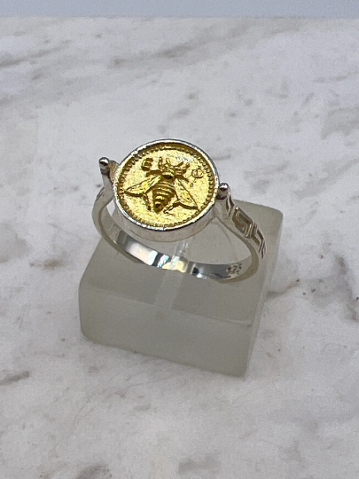 Grec abeille sacrée Artemis déesse médaillon pièce de monnaie bague, bague en argent sterling abeille bumble bee, chevalière abeille miel MEANDROS