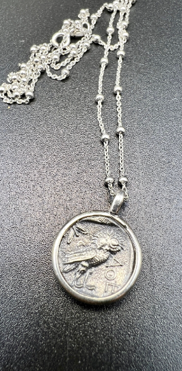 Owl of Athena goddess coin pendant Sterling Silver