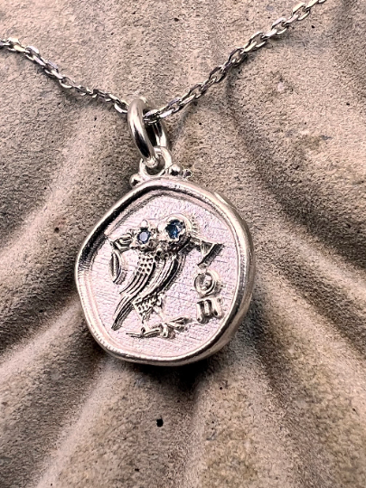 Owl of Athena Pendant, Aquamarine  Silver Owl Necklace, Athena Necklace, Replica Ancient Greek Coin Necklace, Gift for Her, Greek Mythology