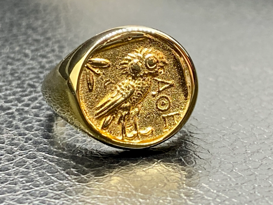 Athena owl Signet ring ancient Greek coin copy Sterling Silver gold plated
