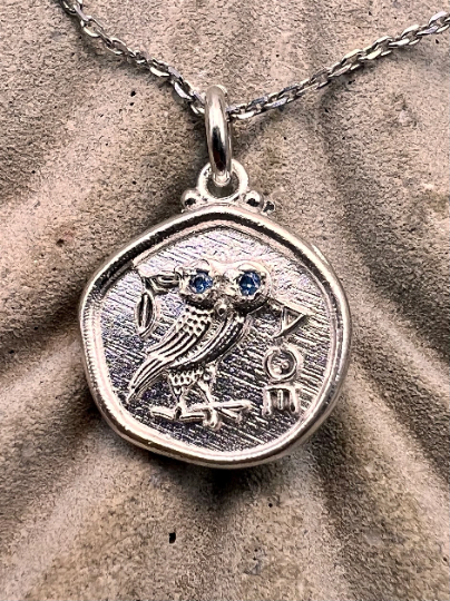 Owl of Athena Pendant, Aquamarine  Silver Owl Necklace, Athena Necklace, Replica Ancient Greek Coin Necklace, Gift for Her, Greek Mythology