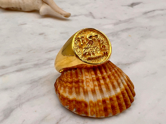 Athena owl Signet ring ancient Greek coin copy  silver gold