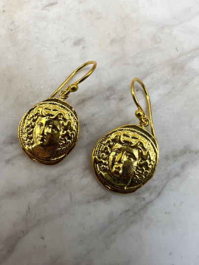 Medusa Gorgon protective ancient Greek coin earring Sterling Silver gold plated