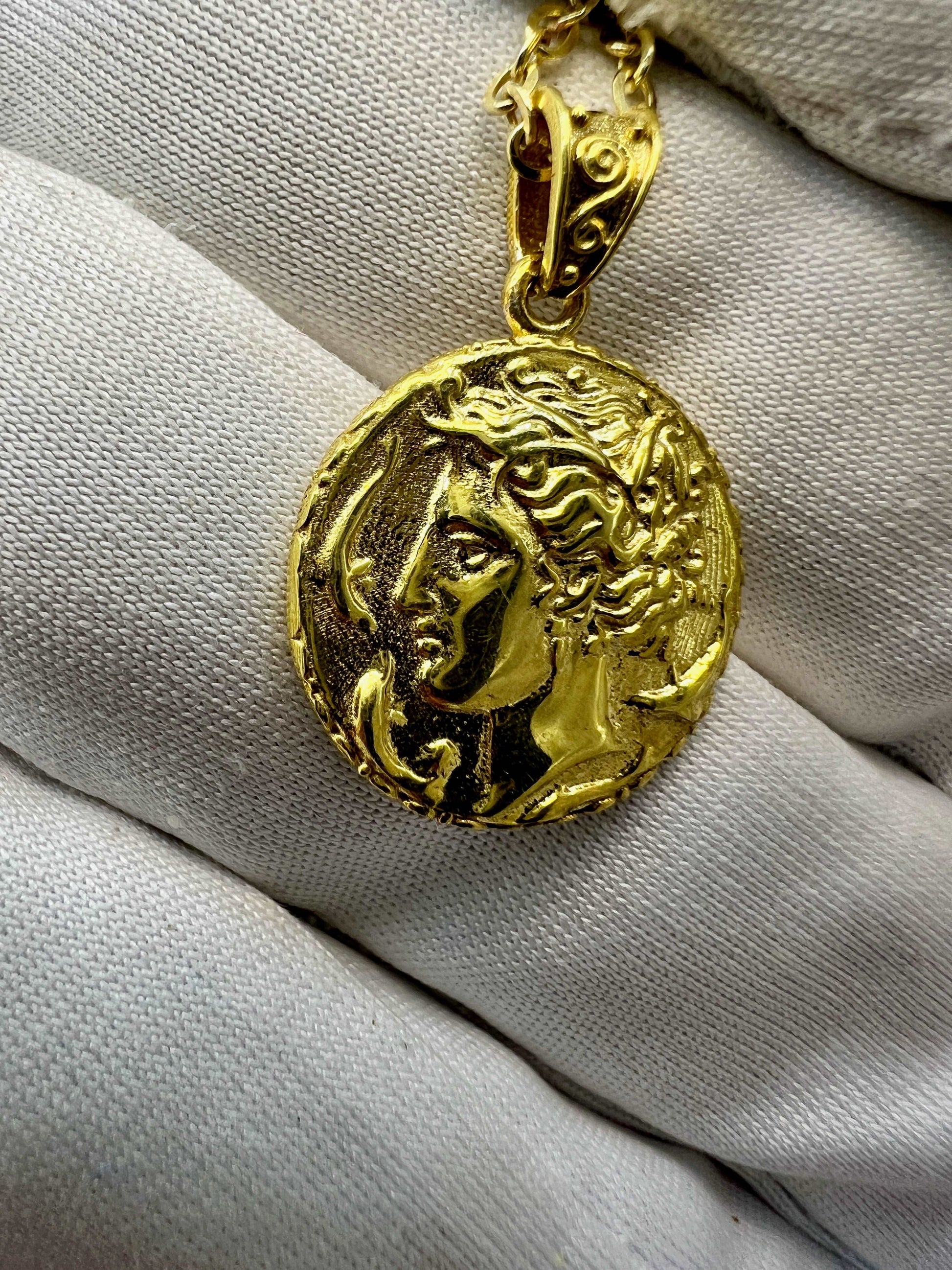 Arethusa surrounded by dolphins Syracuse  Solid gold Greek Coin Pendant