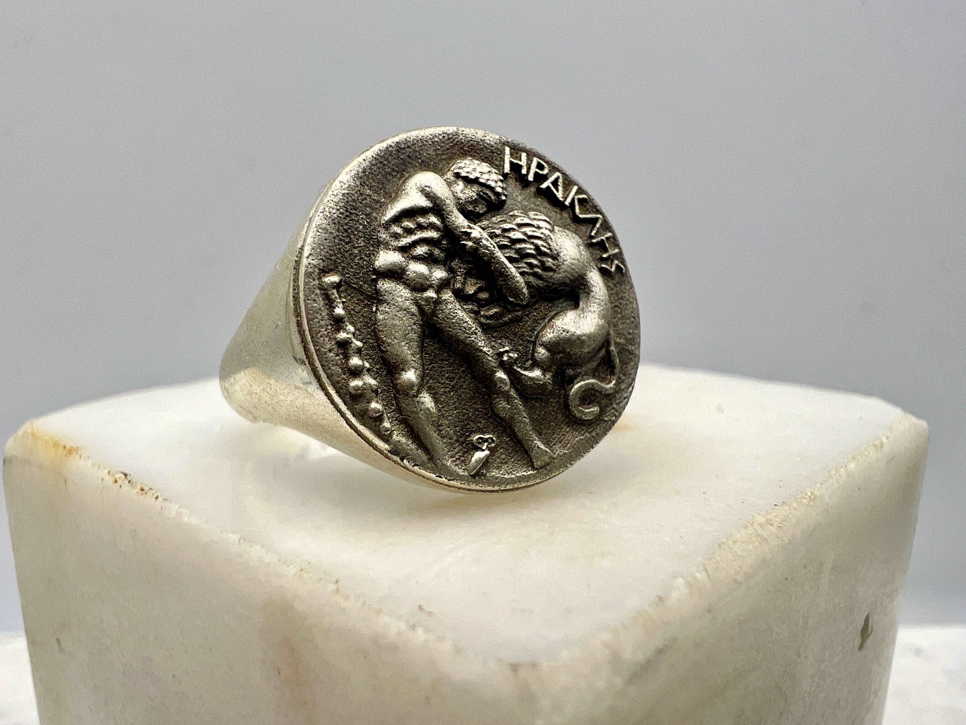 Herakles Hercules wrestling Nemea Lion Ancient Greek ring sterling silver