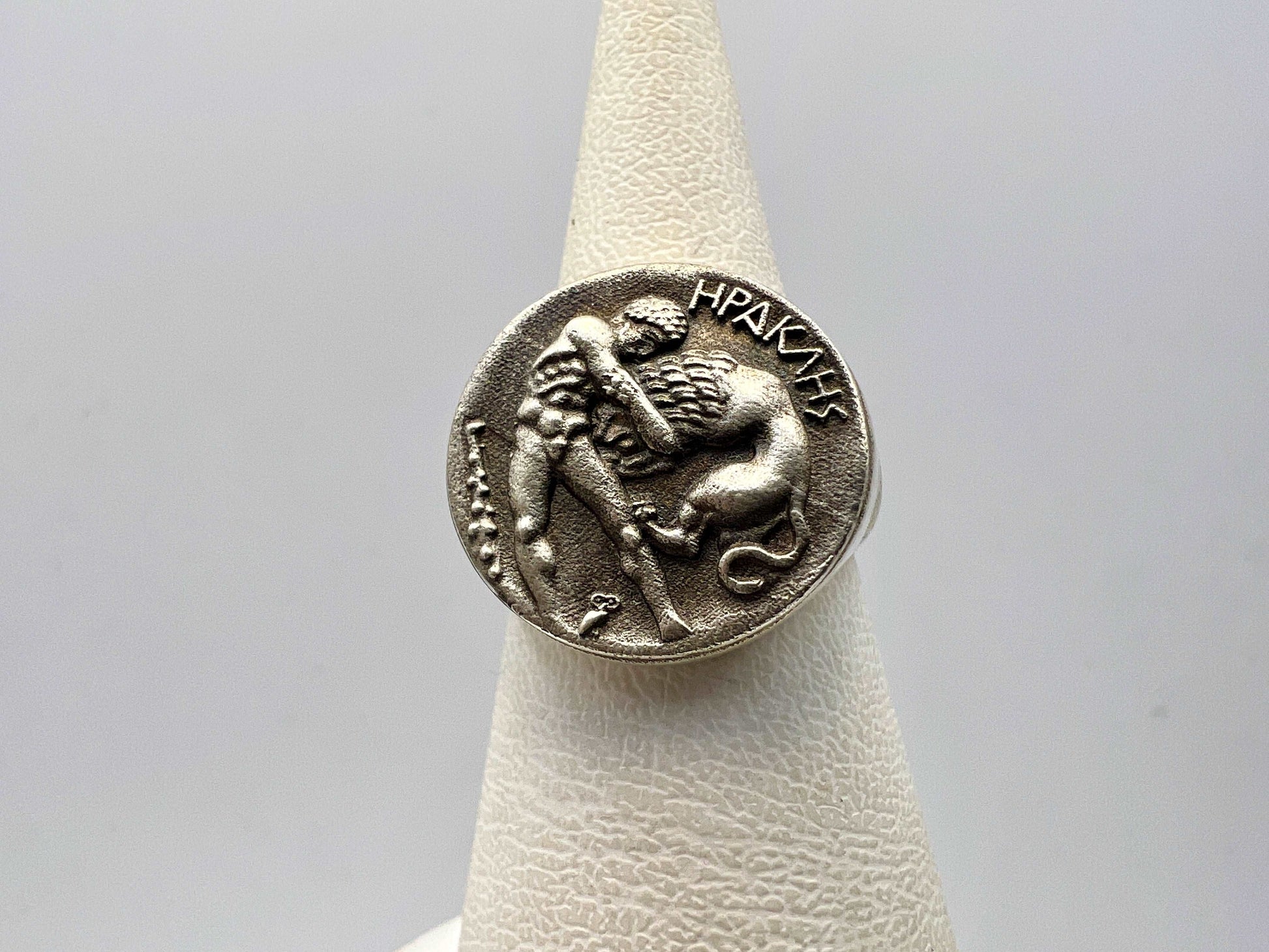 Herakles Hercules wrestling Nemea Lion Ancient Greek ring sterling silver