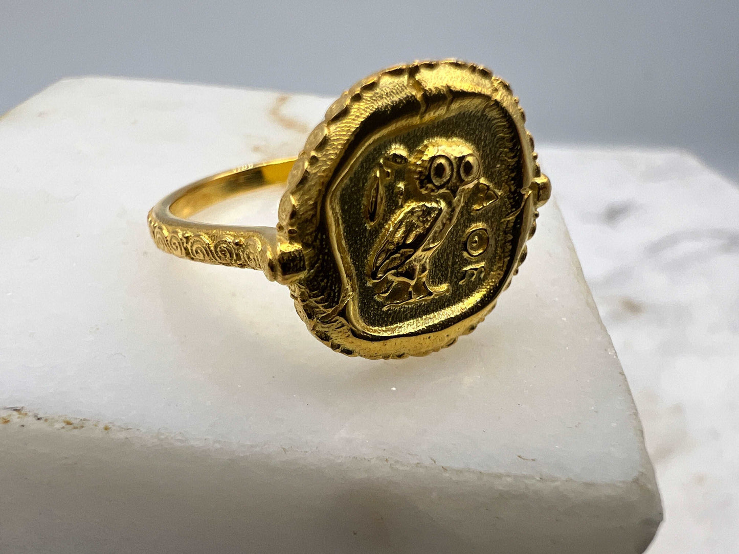 Athena owl Signet ring ancient Greek coin copy solid gold