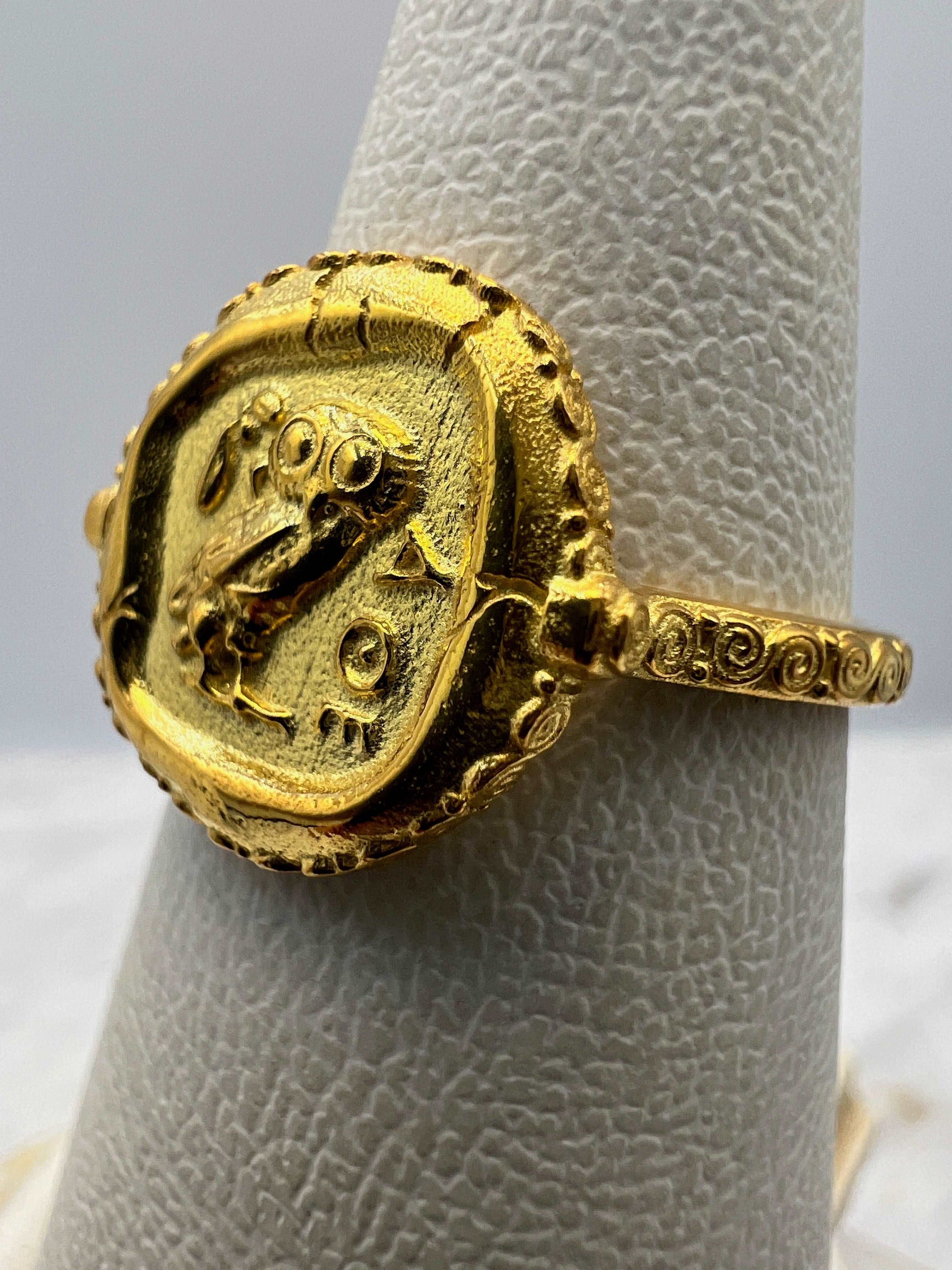 Athena owl Signet ring ancient Greek coin copy solid gold