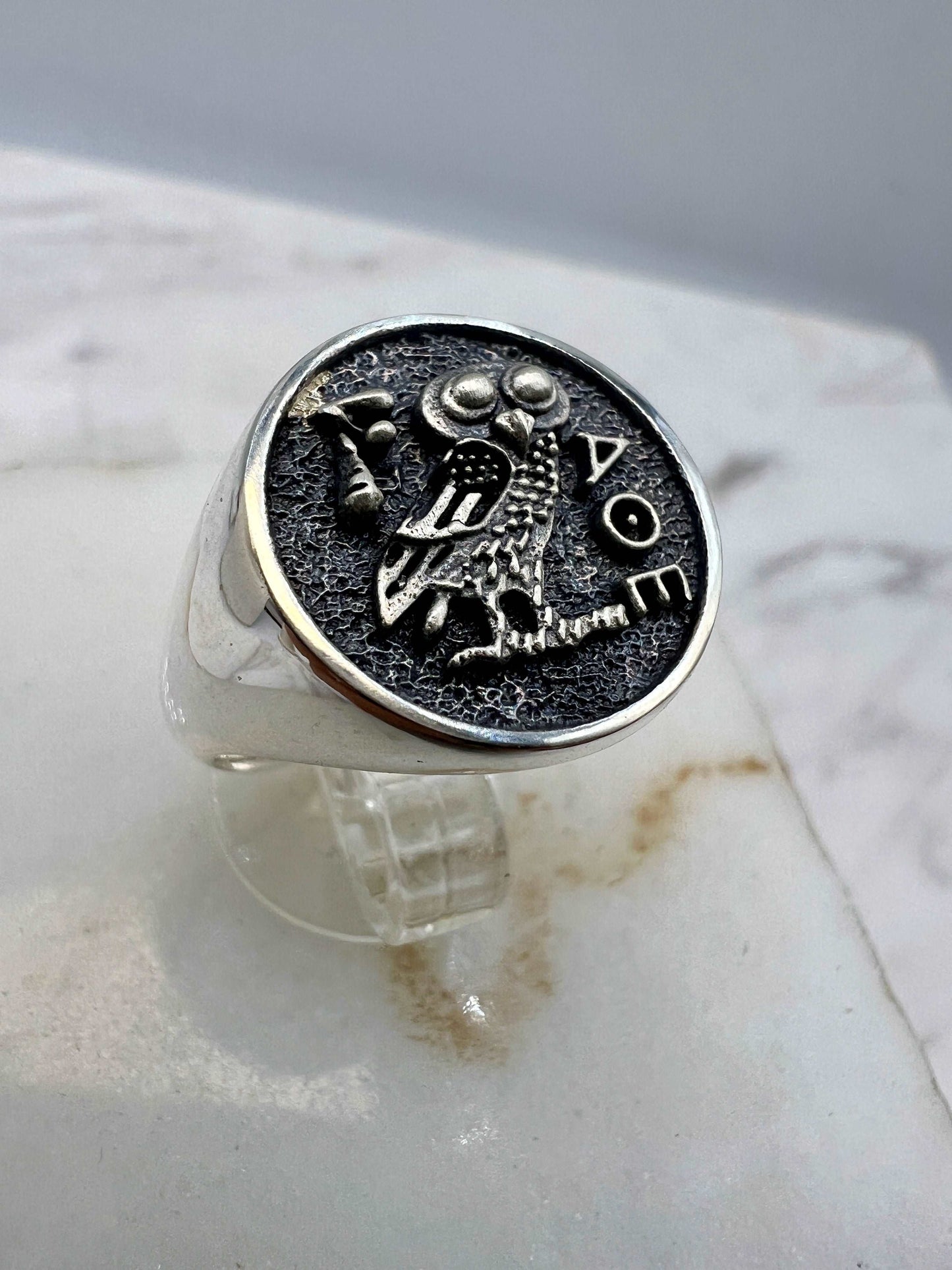 Athena owl Signet ring ancient Greek coin copy 925 Silver