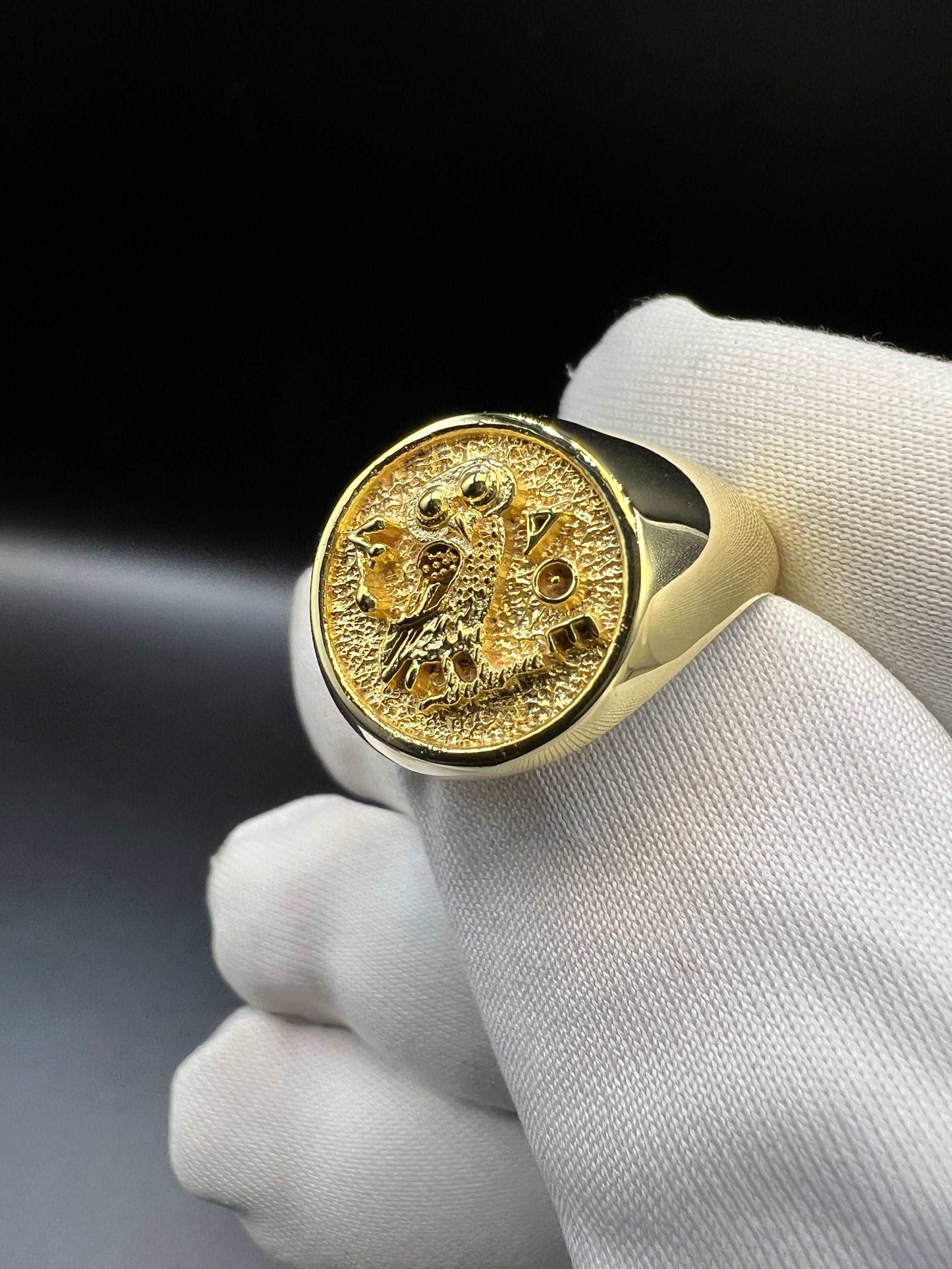 Athena owl Signet ring ancient Greek coin copy Solid gold