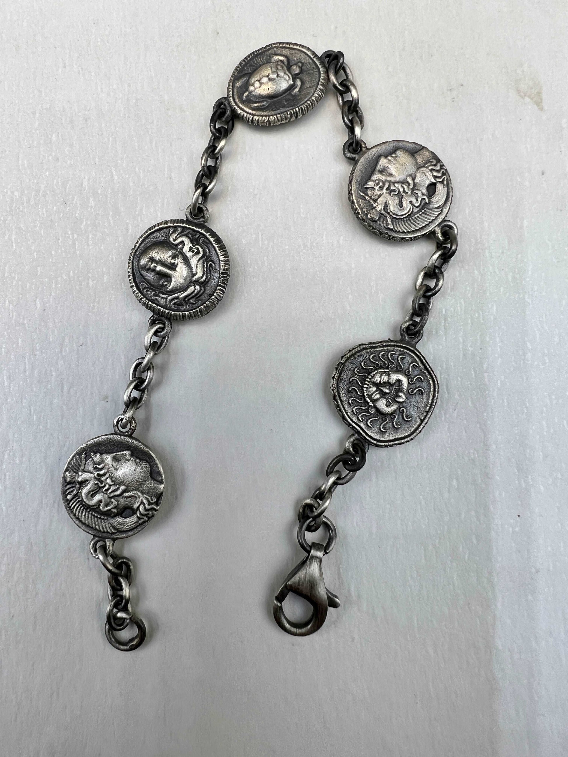 Coin bracelet ancient Greek Goddess Athena Medusa Sun God Helios Turtle the Athenian owl