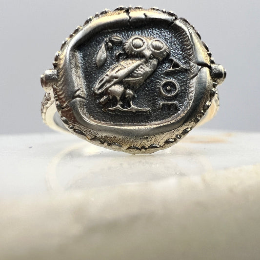 Owl of goddess Athena Nike Minerva Ancient Greek Coin Ring Sterling silver 925