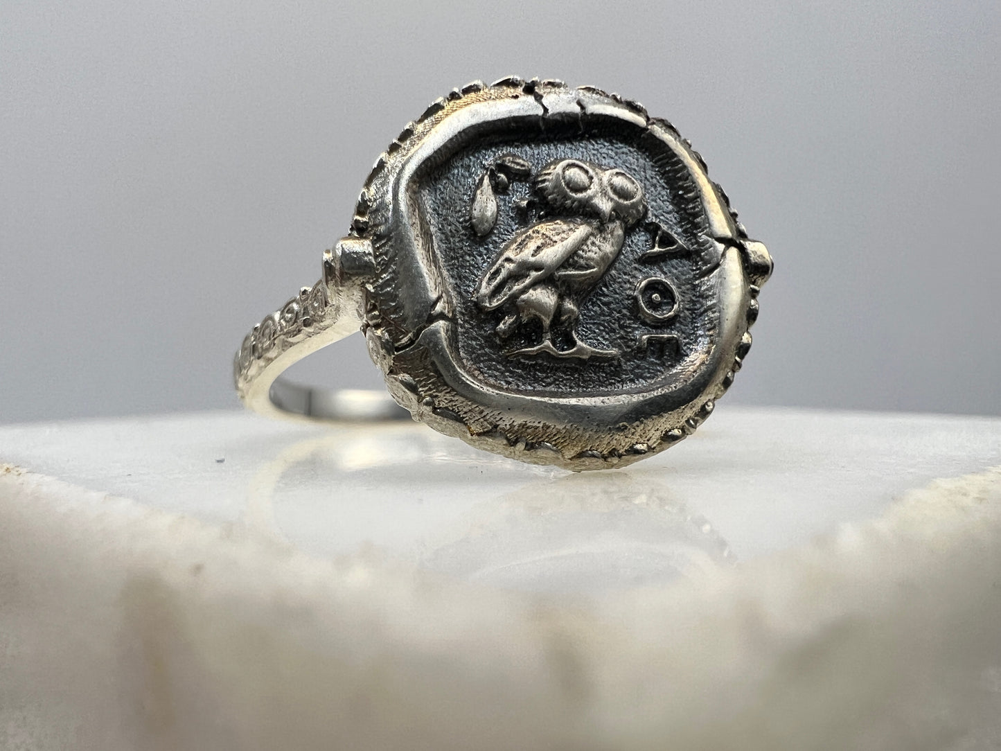 Bague pièce de monnaie grecque antique la chouette de la déesse Athéna Nike Minerva argent sterling 925
